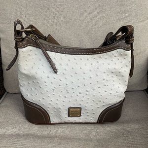 Dooney & Bourke Leather Ostrich Hobo in Oyster Grey and brown leather accents